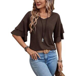 🌸 Women’s Ruffle V-Neck Top – 3/4 Bell Sleeve Blouse, Casual Dressy Tunic Shirt